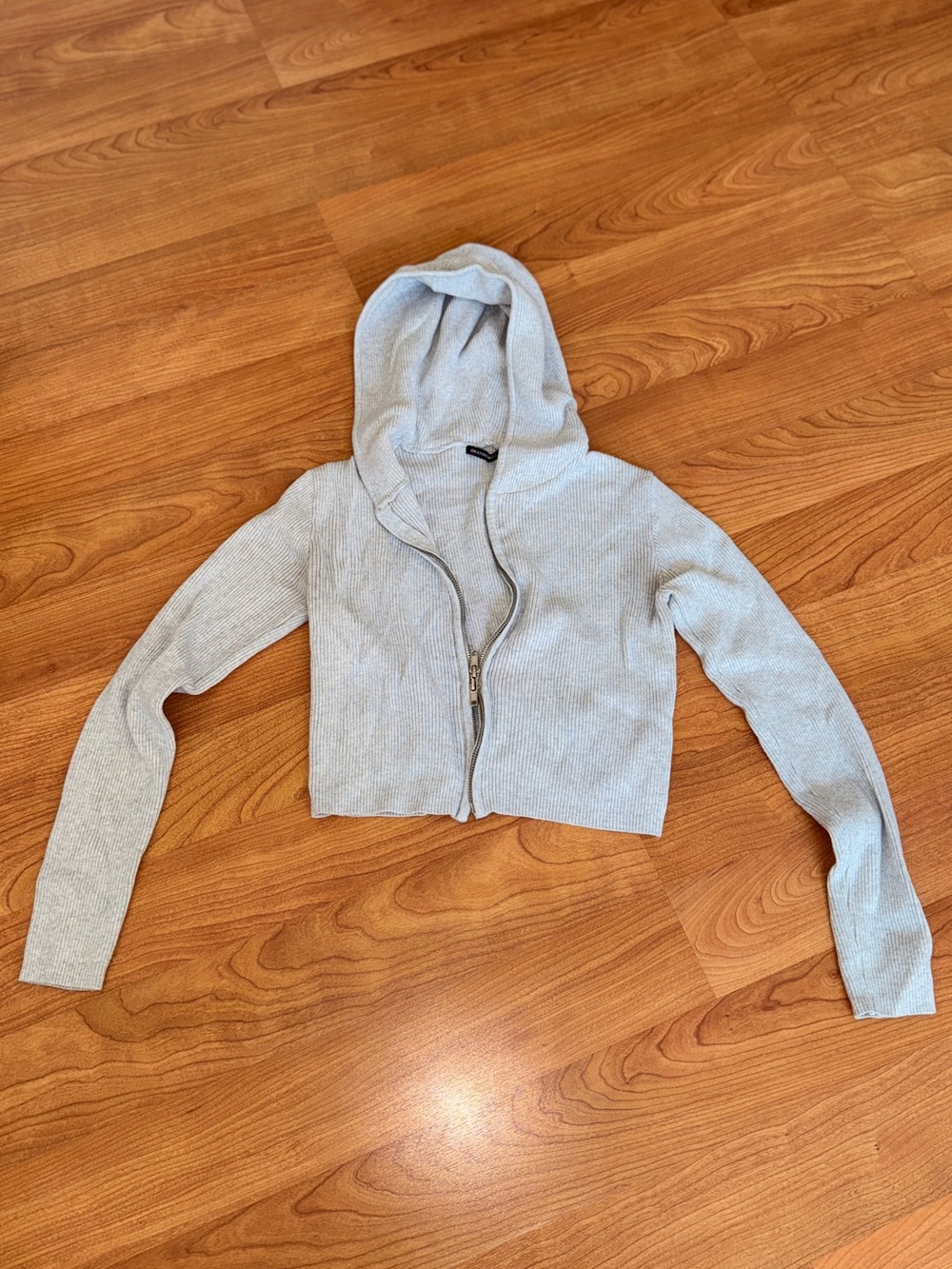 Brandy Melville Light Gray Ribbed Zip Hoodie for Women